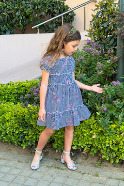 Cok Renkli K?z Cocuk Cicek Desenli Pamuklu Beli Lastikli K?sa Kol Dokuma Elbise TKDSS24EL00018 - Trendyolmilla фото 5