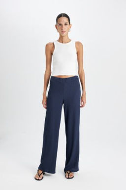 Burumcuk Pantolon Lacivert Wide Leg Genis Bol Paca Esnek Belli