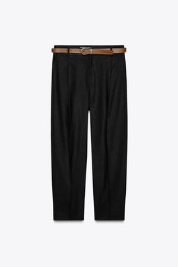 LINEN BELTED STRAIGHT-LEG TROUSERS