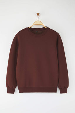 Koyu Kahverengi Oversize/Rahat Kesim Bisiklet Yaka Kal?n/Ici polarl? Orme Sweatshirt TWOAW24SW00102