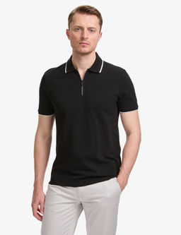 Siyah Slim Fit %100 Pamuk Fermuarl_ Polo Yaka Ti__rt