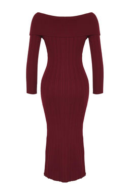 Bordo Duz Midi Midi Triko Basic Carmen Yaka Triko Elbise TWOAW25EL00033