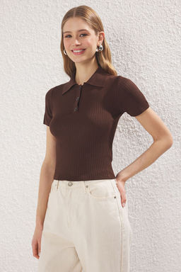 Siyah*001-Kahverengi Basic Polo Yaka Ikili Paket Triko Ince Bluz TWOSS25BZ00503