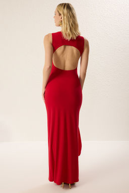 K?rm?z? Gul Detayl? Orme S?k Maxi Abiye Gece Mezuiyet Elbisesi TPRSS25AE00092