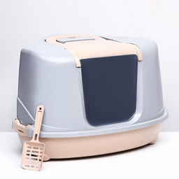 Туалет-домик угловой для кошек закрытый с дверцей 57×46×37 см, бежево-серый