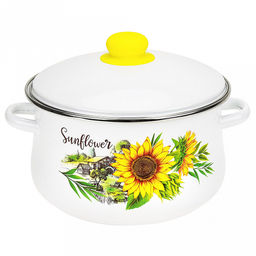 "Подсолнухи" Кастрюля эмалированная 2л, д17см, h10см, форма тор, металлическая крышка, белый (Россия)