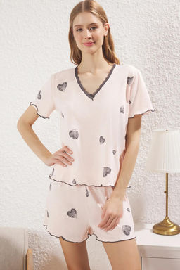 Trendyolmilla Beyaz 100% Pamuklu Kalpli Dantel ve Baby Overlok Detayl? Sortlu Orme Pijama Tak?m? THMSS25PT00396 фото 8