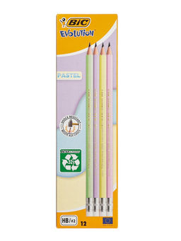 Цена за 12 шт. Карандаш чернографитный BIC HB Evolution «Пастель», пластиковый, с ластиком
