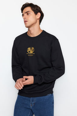 Siyah Bisiklet Yaka Regular/Normal Kesim Uzay Bask? Ici Polar/S?cak Tutan Sweatshirt TMNAW24SW00093