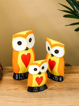 Набор сувенирный Совята с сердечком, h=15 см, h=12.5 см, h=9.5 см, дерево, оранжево-желтый