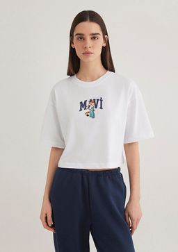 Kedi Logo Bask?l? Beyaz Tisort - Mavi фото 4