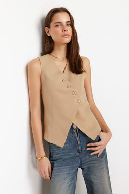 TRENDYOLMILLA Siyah Regular Onu Asimetrik Dugmeli Dokuma Yelek TWOSS24YE00007 фото 3