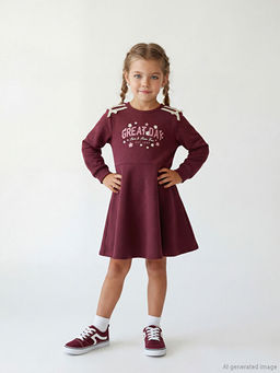Bisiklet Yaka Bask?l? K?z ?ocuk Elbise