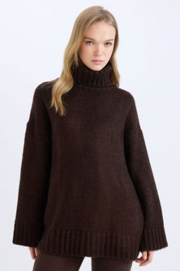 Oversize Genis Kal?p Bal?kc? Yaka Basic Duz Triko Kazak Tunik