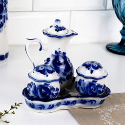 Набор для специй на подставке с молочником (питчером) «Весенний», 4 предмета, фарфор, гжель