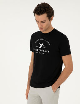 Siyah Slim Fit Bisiklet Yaka Desenli T-shirt