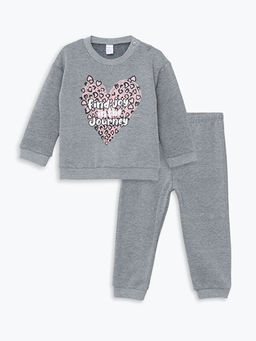 Bisiklet Yaka Uzun Kollu Bask?l? K?z Bebek Sweatshirt ve E?ofman Alt 2li Tak?m
