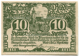 Банкнота 10 геллеров 1920 года Австрия  Рид-им-Траункрайс (нотгельд)