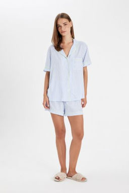 Fall in Love Pijama Tak?m? Cizgili Viskon K?sa Kollu Ust Esnel Belli Sort Alt