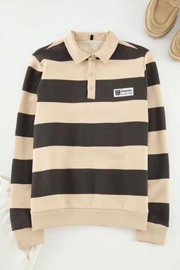 TRENDYOL MAN Lacivert Regular/Normal Kesim Polo Yaka Cizgili Ici Polar/S?cak Tutan Sweatshirt TMNAW24SW00240