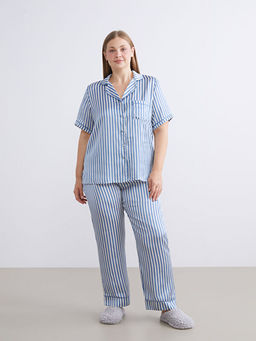 G?mlek Yaka ?izgili Kad?n Pijama Tak?m