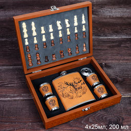 Набор подарочный Шахматы Фляжка 200 мл с шахматами + 4 стопки 25 мл, воронка / FL-190 /уп 20/