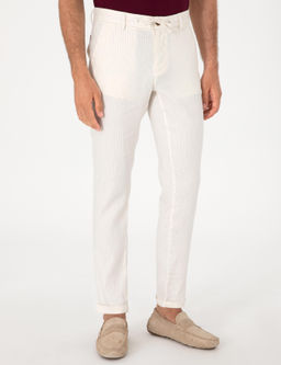 Ekru Slim Fit _izgili Keten Kar___ml_ Spor Pantolon