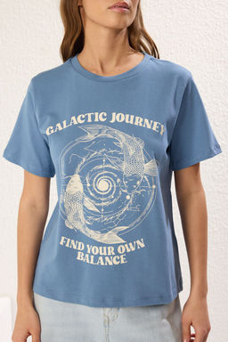 Indigo %100 Kal?n Pamuklu Regular/Normal Kal?p Bask?l? Orme T-Shirt TWOSS25TS00076