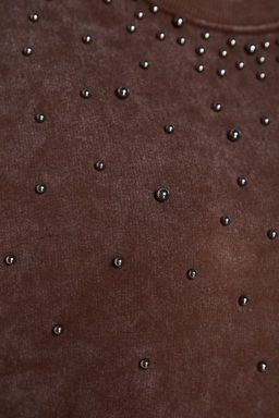 TRENDYOLMILLA Antrasit Eskitme/Soluk Efektli Kal?n Ici Polarl? Inci Detayl? Regular Orme Sweatshirt TWOAW24SW00152  фото 9