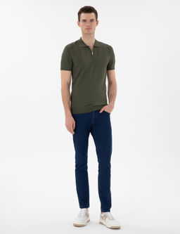 Haki Slim Fit Fermuarl_ Polo Yaka Triko Ti__rt