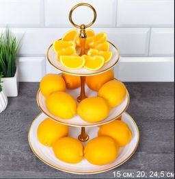 Ваза для фруктов 3-х ярусная 15/20/25 Круг белая золотой обод / D-1245 /уп 65/ Пластик - Галеонтрейд фото 7