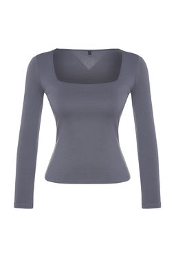 Antrasit Pamuklu Kare Yaka Regular Fit Orme Bluz TWOAW24BZ00016