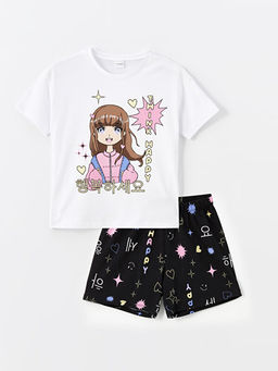 Bisiklet Yaka Bask?l? K?z ?ocuk ?ortlu Pijama Tak?m?