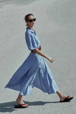 VESTIDO MIDI CON LINO CINTUR?N / Azul - Zara фото 6