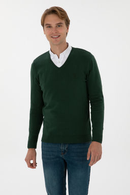 Erkek Slim Fit V Yaka Koyu YeЕil Basic Kazak