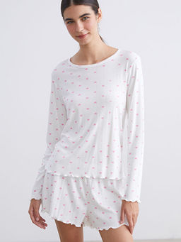 Bisiklet Yaka Bask?l? Kad?n ?ortlu Pijama Tak?m?