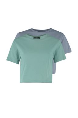 Gri-Mint 2li Paket %100 Pamuk Crop Bisiklet Yaka Orme T-Shirt TWOSS20TS1480