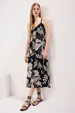 Siyah Cicekli Etegi Belden Ac?lan Gipeli Midi Dokuma Elbise TWOSS25EL00036