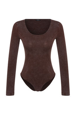 Kahverengi Eskitme/Soluk Efektli Pamuklu Uzun Kol Esnek C?tc?tl? Orme Body TWOAW24BD00044