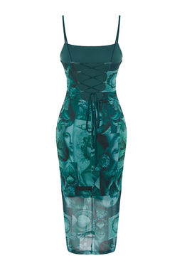 Zumrut Yesili Ask?l? Fitted/Vucuda Oturan Kare Yaka Tul Esnek Orme Midi Kalem Elbise TWOSS22EL00726