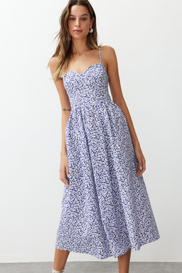 Mavi Cicek Desenli A Kesim Kalp Yaka Maxi Poplin Dokuma Elbise TWOSS24EL00700