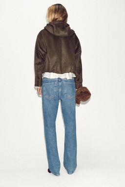 HOODED FAUX SUEDE BOMBER JACKET