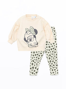 Bisiklet Yaka Uzun Kollu Minnie Mouse Bask?l? K?z Bebek Sweatshirt ve Tayt 2li Tak?m
