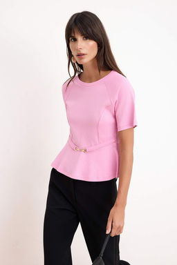 Pembe Peplum Reglan Kol K?sa Kollu Aksesuar Detayl? Interlok Orme Bluz TWOSS26BZ00242