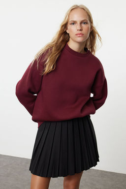 Bordo Oversize/Rahat Kesim Basic Bisiklet Yaka Kal?n/Ici polarl? Orme Sweatshirt TWOAW24SW00102