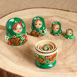 Матрёшка дерево «Божья коровка», зелёное платье, 5 кукольная, 10-12 см