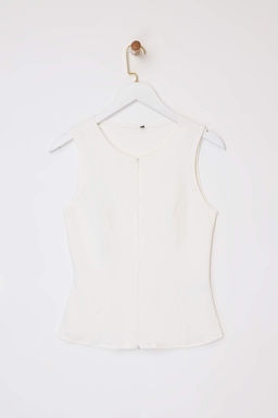 Ekru Fitted/Vucuda Oturan Fermuarl? Kolsuz Interlok Orme Bluz TWOSS26BZ00012