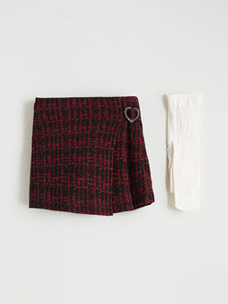 Ekose Desenli K?z ?ocuk ?ort Etek ve K?lotlu ?orap