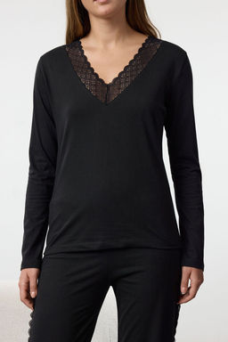 Siyah %100 Pamuklu Dantelli Orme Pijama Tak?m? THMAW25PT00096