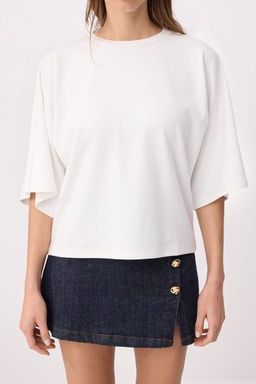 Ekru Oversize/Genis Kal?p Yarasa Kol K?sa Kollu Interlok Orme T-Shirt TWOSS26TS00143 - Trendyolmilla фото 3